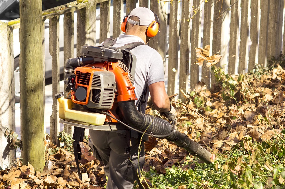 backpack leaf blower on the back of a man